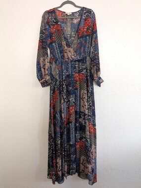 NDIGO ROSE Dress M Multicolor Faux Style Patchwork Boho Tie Long Sleeve